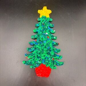 Vintage Melted Plastic Popcorn Christmas Tree Star Green Red 11" Window Retro